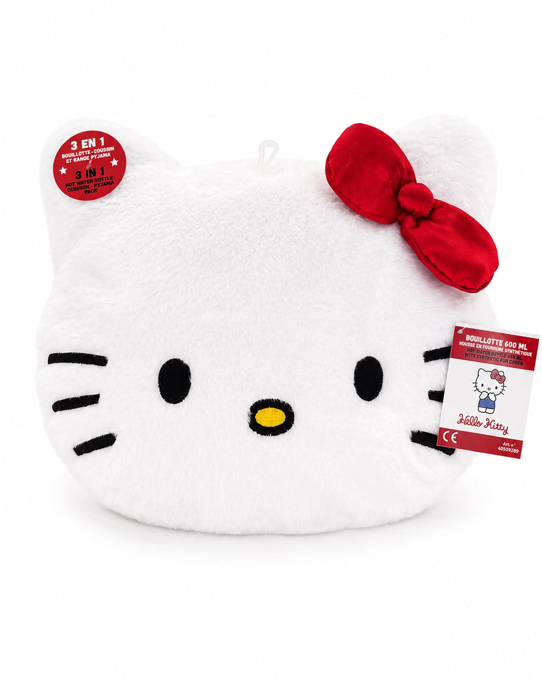 Coussin bouillotte Hello Kitty présenté de face avec ses étiquettes d’emballage officielles Sanrio indiquant la fonction 3-en-1.