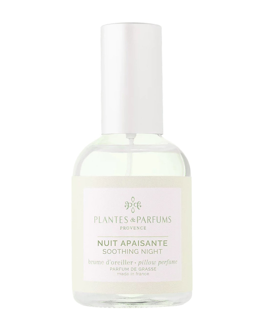 Brume d’oreiller 50 ml, fragrance Nuit apaisante de Plantes & Parfums. Contenant en verre.