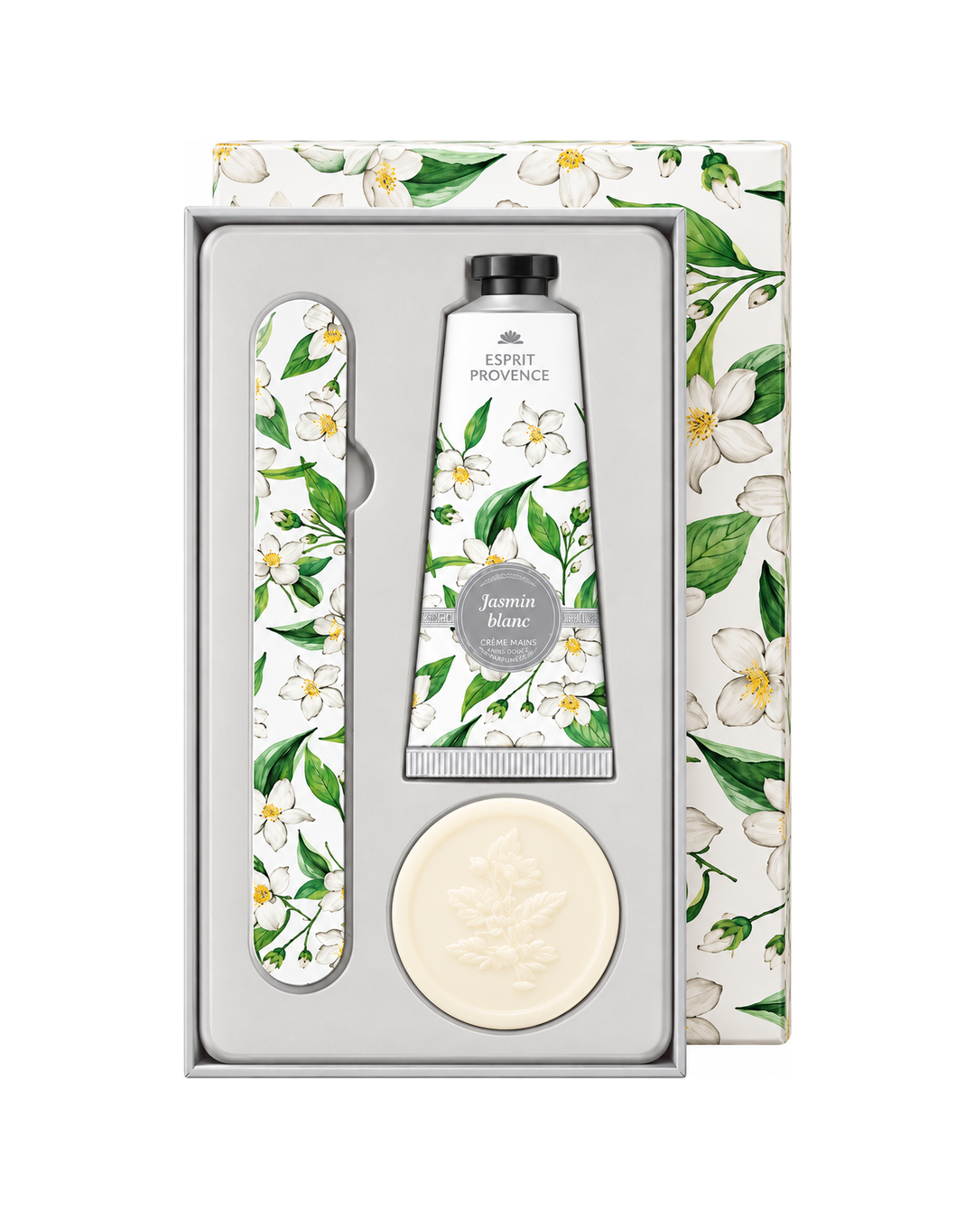 Coffret soins des mains, au parfum de Jasmin Blanc, signé Esprit Provence. Il réunit un savon, une lime à ongles et une crème dans un jolie coffret.