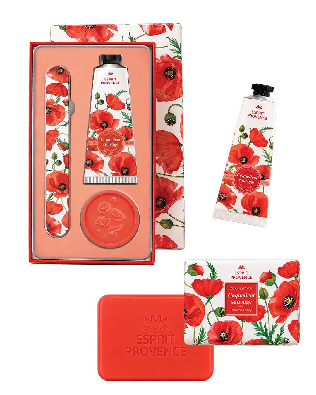 Collection complète Coquelicot Sauvage, signé Esprit Provence. Le coffret, la savon et la crème pour les mains à l'huile d'amande douce.