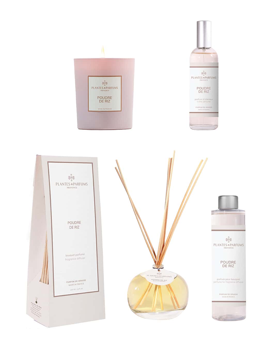 Collection complète Poudre de Riz de Plantes & Parfums. Bougie, parfum d'intérieur, bouquet parfumé et sa recharge.