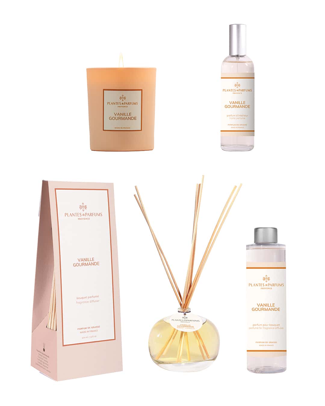 Collection complète Vanille Gourmande de Plantes & Parfums. Bougie, parfum d'intérieur, bouquet parfumé et sa recharge.