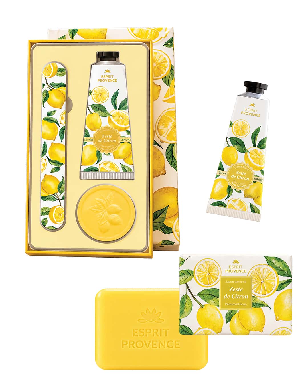 Collection complète Zeste de Citron, signé Esprit Provence. Le coffret, la savon et la crème pour les mains à l'huile d'amande douce.