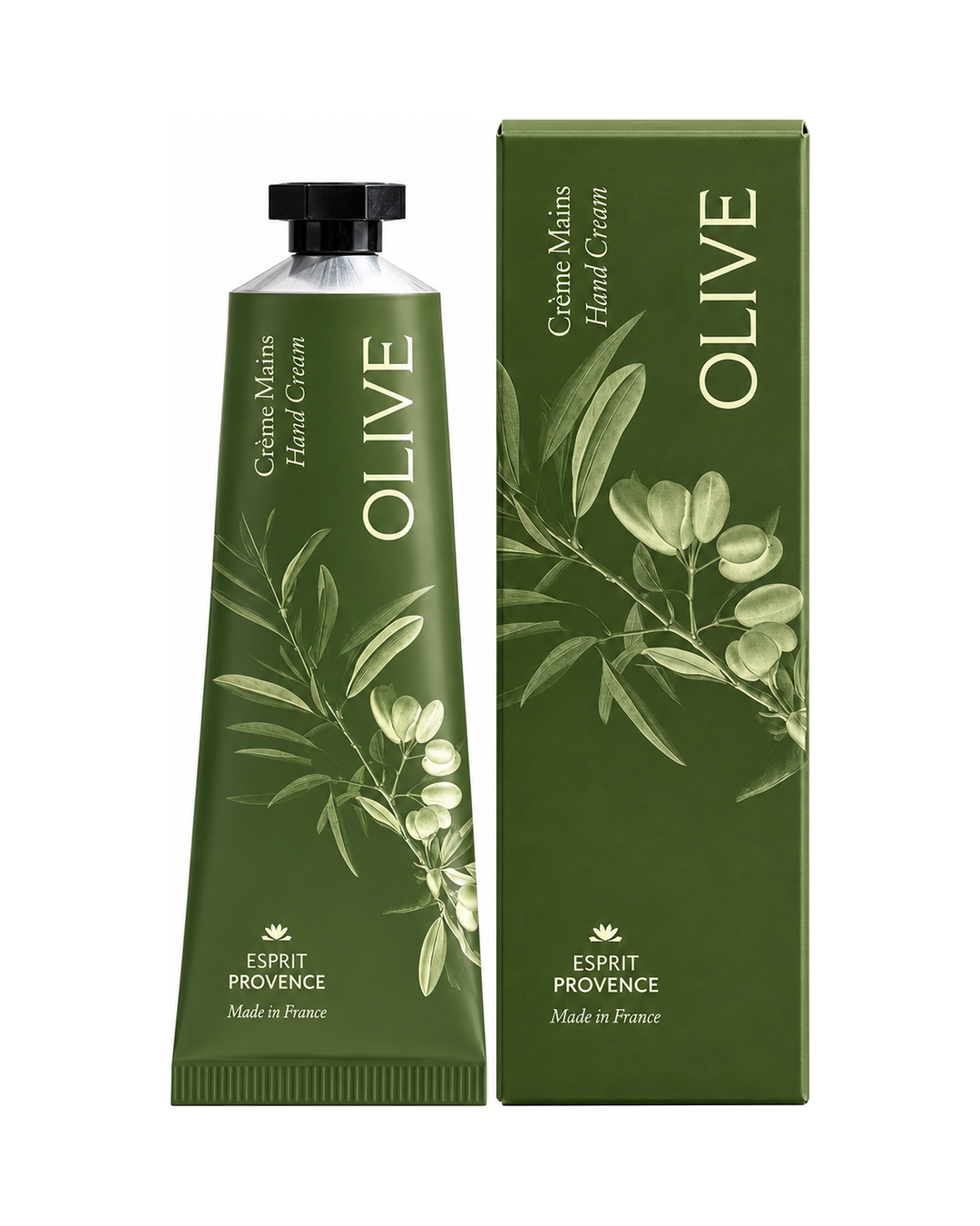 Crème mains aux Fleurs d’Olivier 75 ml et sa boîte. Signé Esprit Provence. Fond blanc.