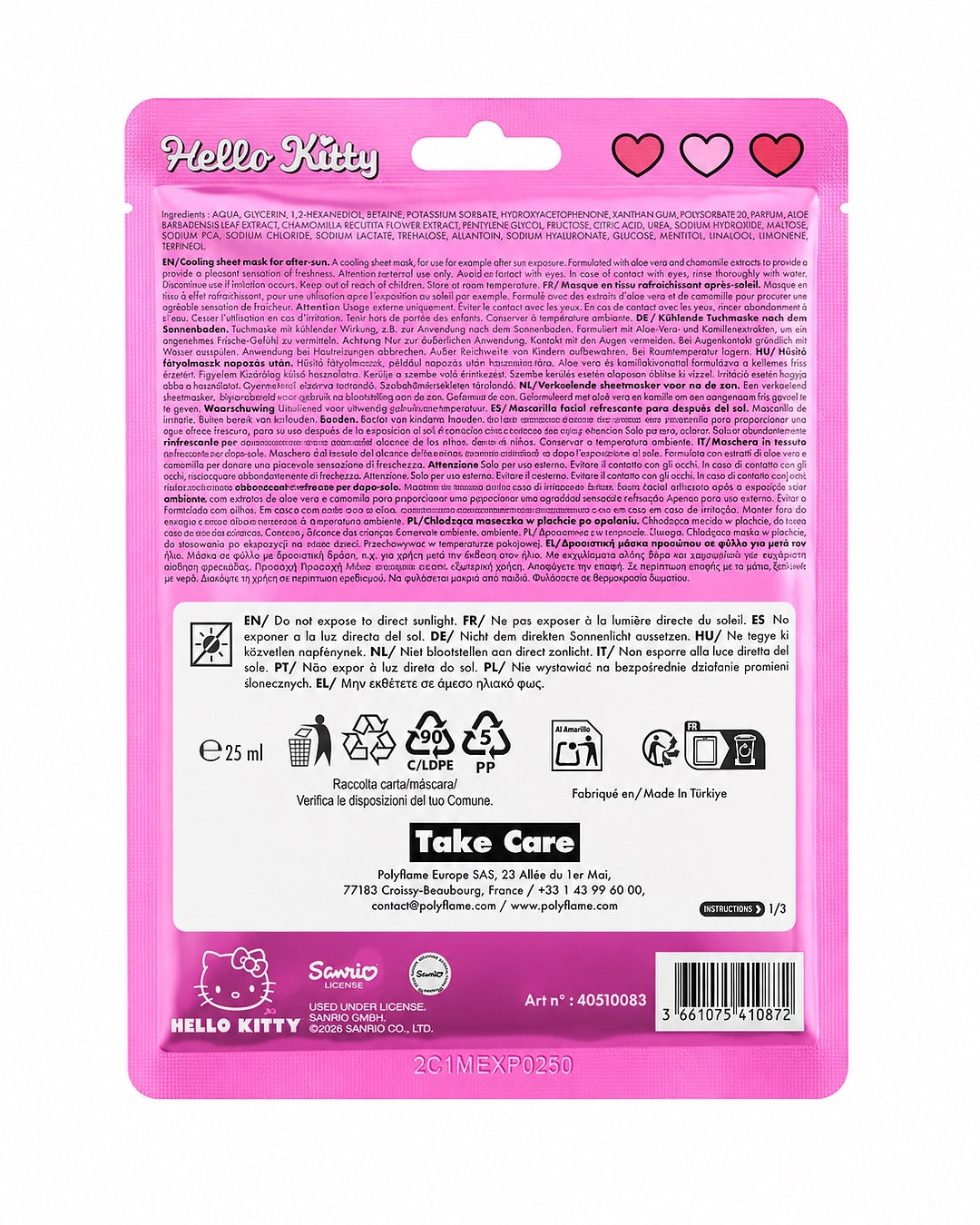 Vue arrière du sachet de masque Hello Kitty détaillant la liste complète des ingrédients, les conseils d’utilisation en plusieurs langues et les logos officiels de certification.