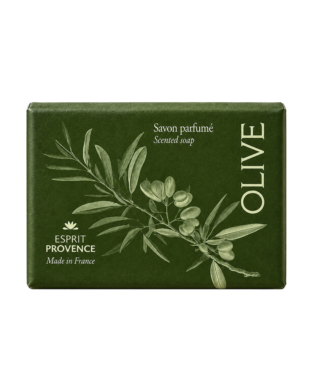 Savon en barre aux Fleurs d’Olivier 140 g, enrichi en beurre de karité bio. Signé Esprit Provence. Dans son emballage papier sur fond blanc.