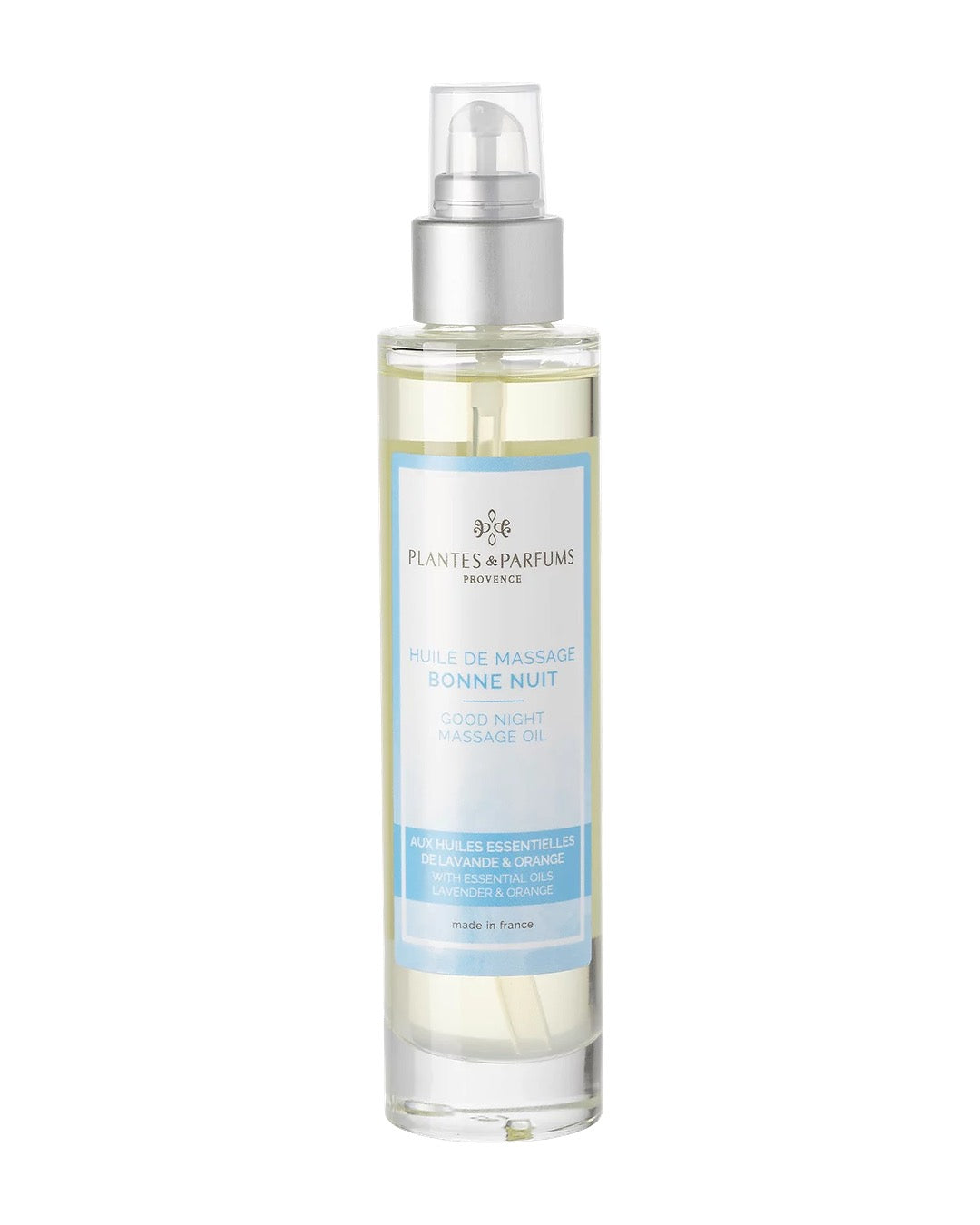 Huile de massage à pompe 100 ml, Bonne nuit de Plantes & Parfums. Contenant en verre.