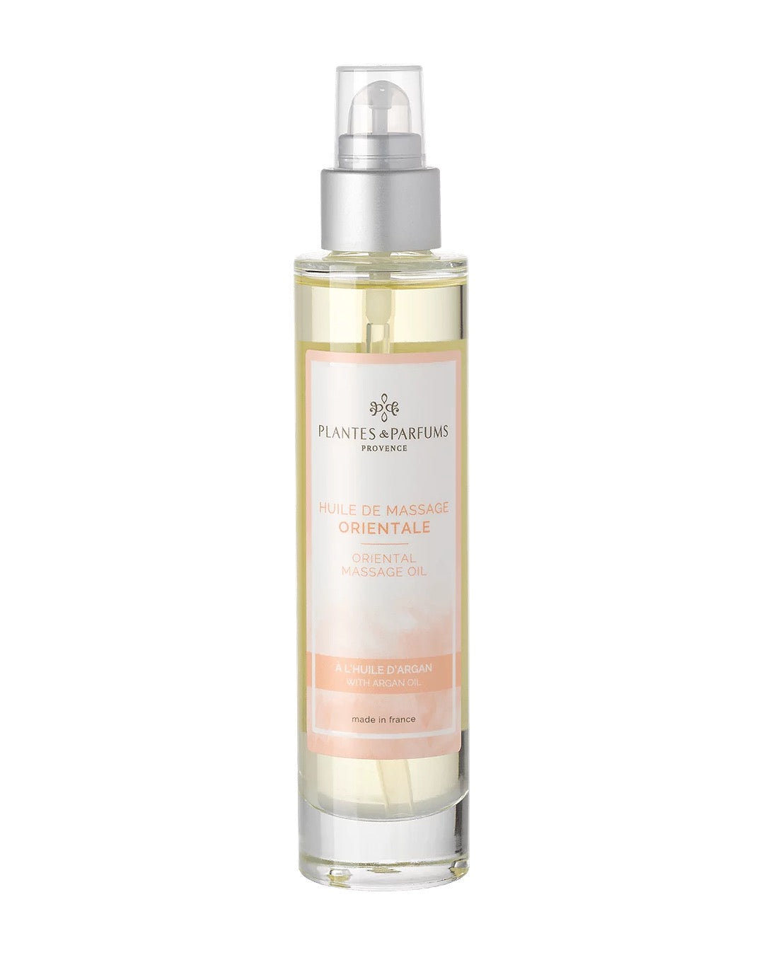 Huile de massage à pompe 100 ml, Oriental à l’huile d’Argan de Plantes & Parfums. Contenant en verre.