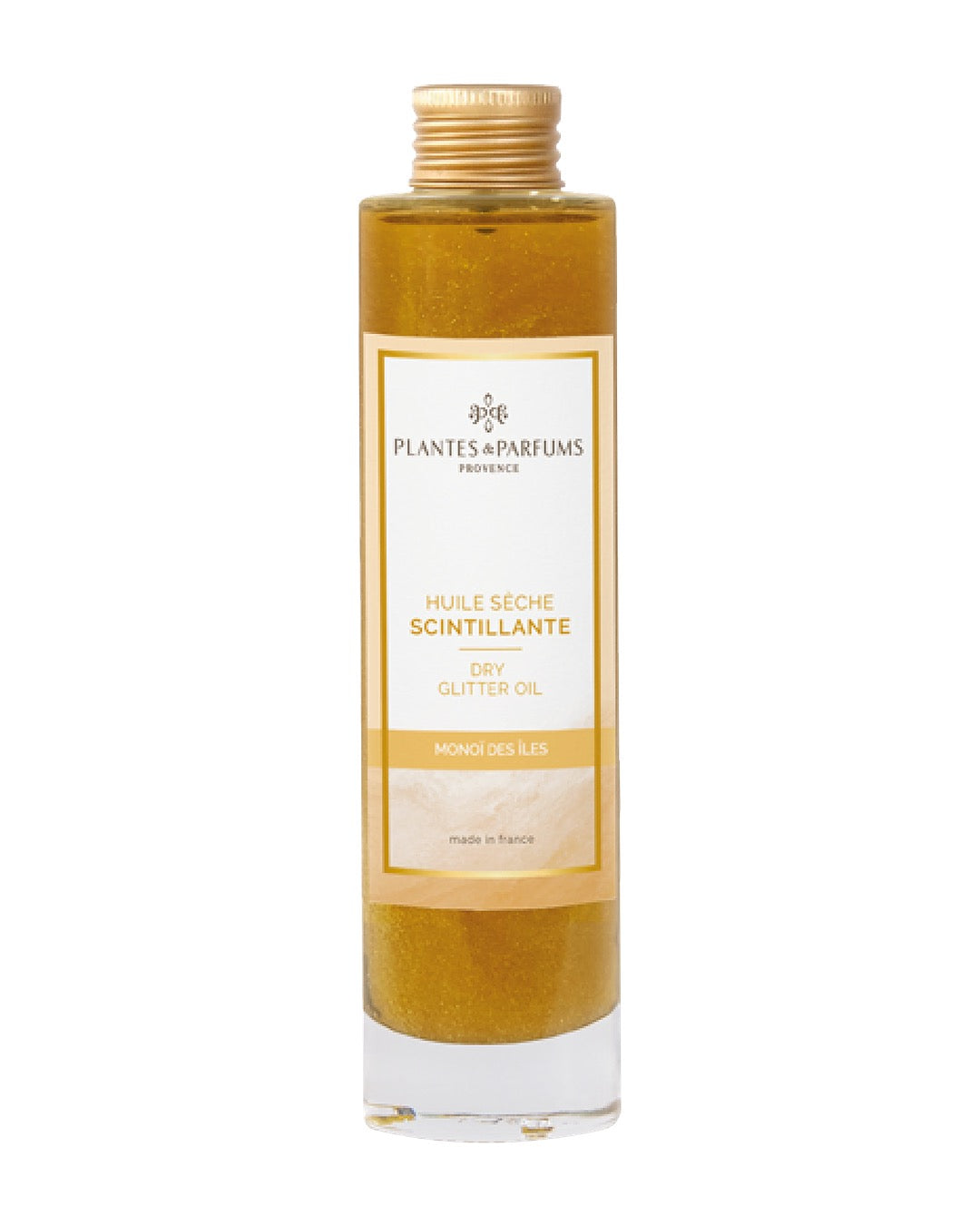 Huile sèche scintillante 100 ml, Monoï des îles de Plantes & Parfums. Contenant en verre.