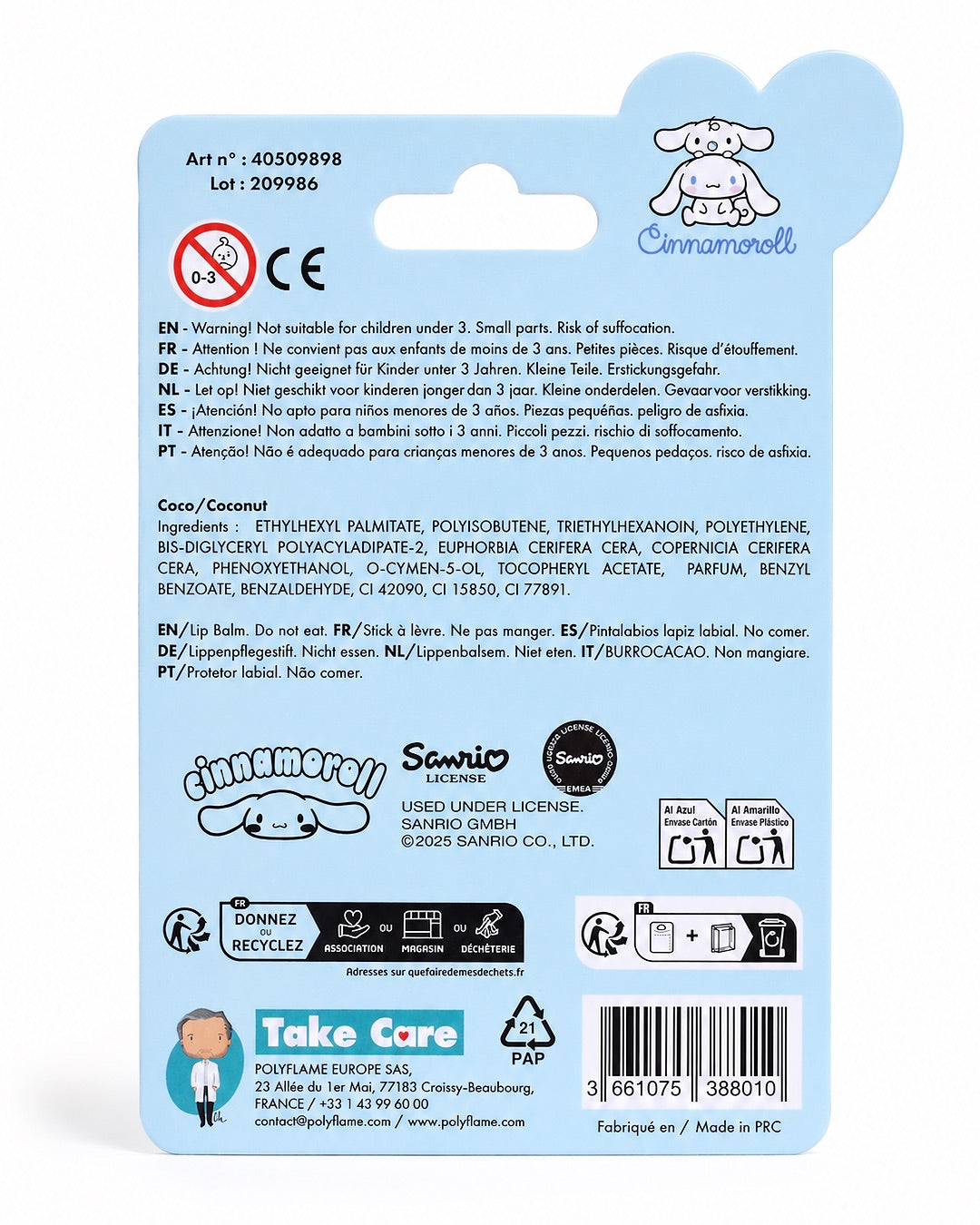 Baume à lèvres bleu de 4 g avec un bouchon en forme de tête 3D de Cinnamoroll présenté dans son emballage d'origine Take Care.