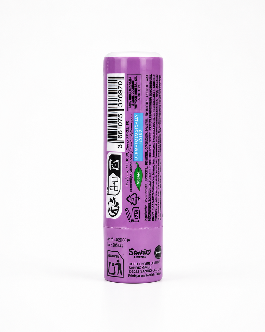 Vue arrière du baume à lèvres Kuromi de Sanrio montrant les ingrédients et les détails du produit.