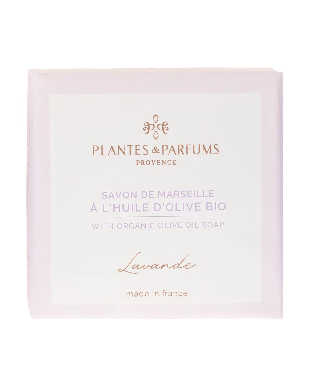 Savon de Marseille à l'huile d'olive BIO 100 g, fragrance Lavande. Plantes & Parfums. Emballage papier.