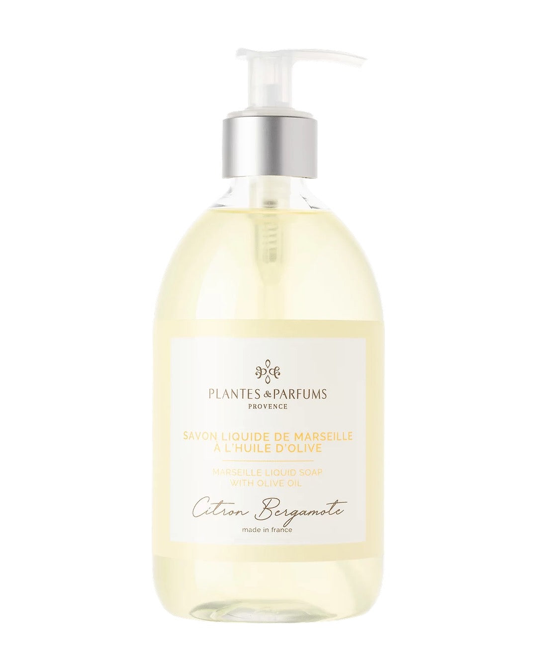 Une bouteille pompe de 500 ml de savon de Marseille liquide, fragrance Citron bergamote, Plantes & Parfums.