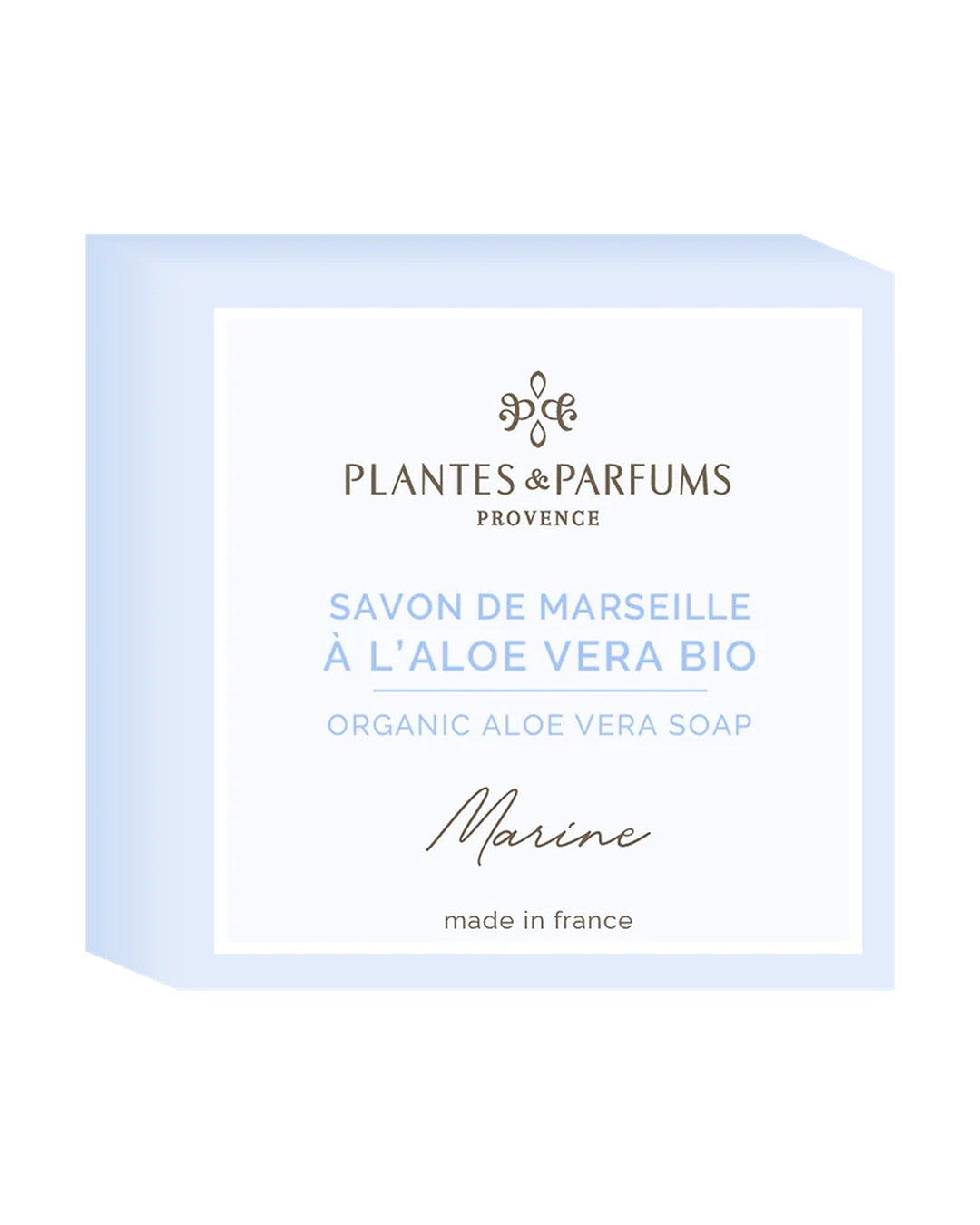 Savon de Marseille à l'aloé vera BIO 100 g, fragrance Marine. Plantes & Parfums. Emballage papier.