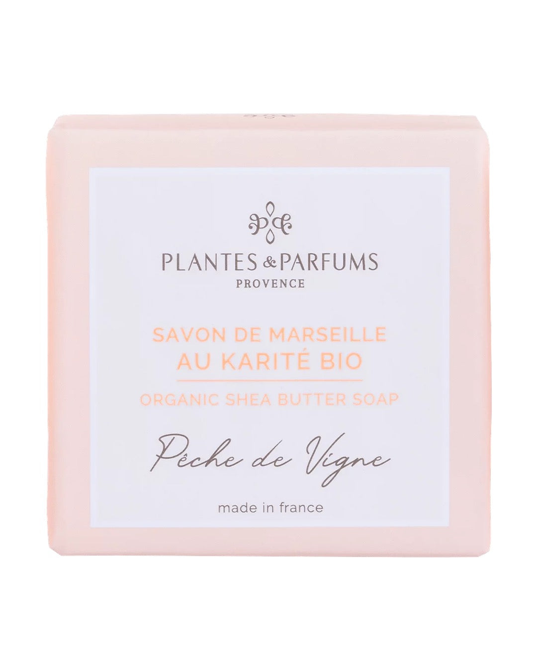 Savon de Marseille au beure de karité BIO 100 g, fragrance Pêche de vigne. Plantes & Parfums. Emballage papier.