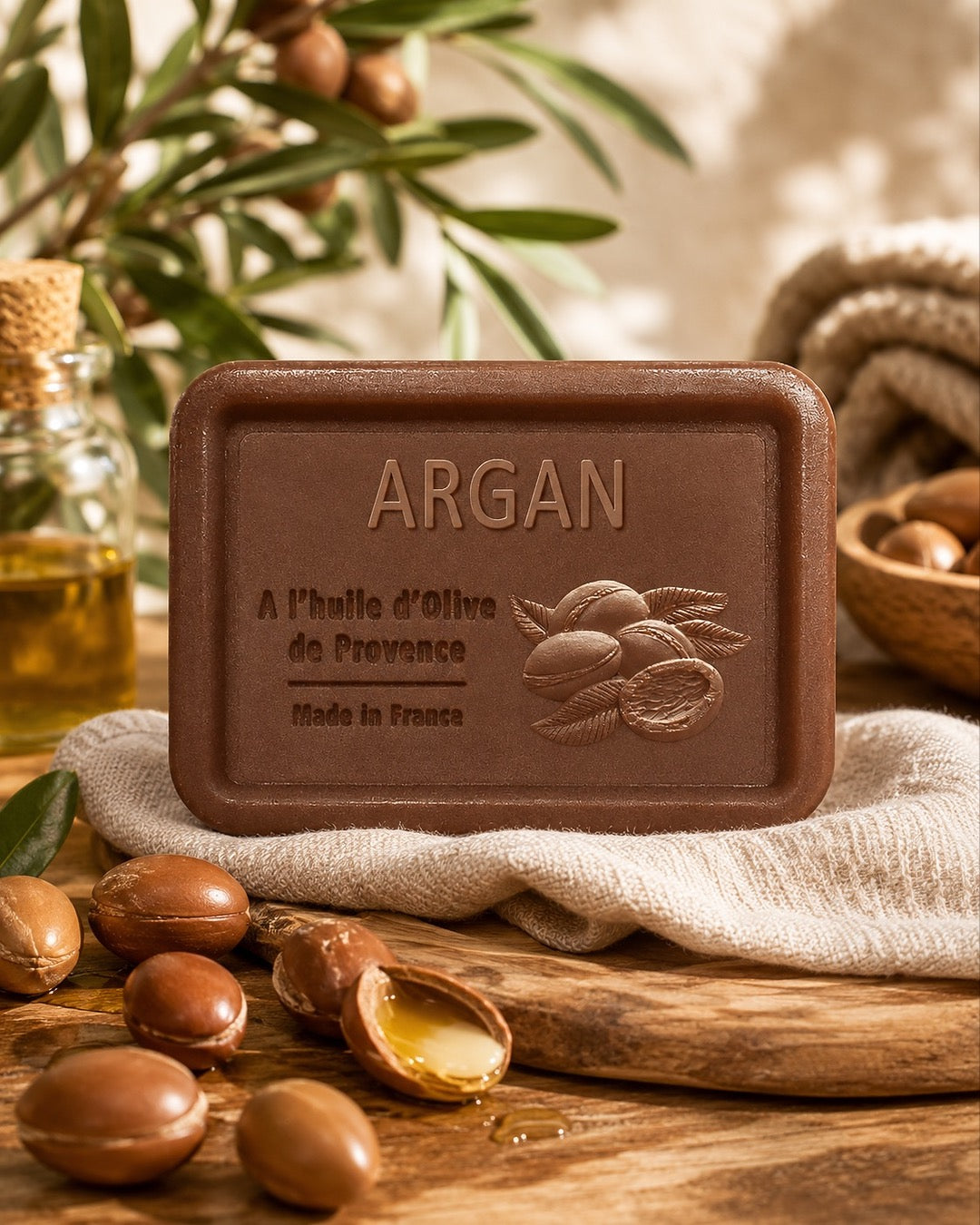 Savon à l’huile d’olive de Provence 120 g, au parfum d’Argan, signé Esprit Provence et enrichi en huile d’amande douce ainsi qu’en beurre de karité bio. Dans son ambiance olfactive.