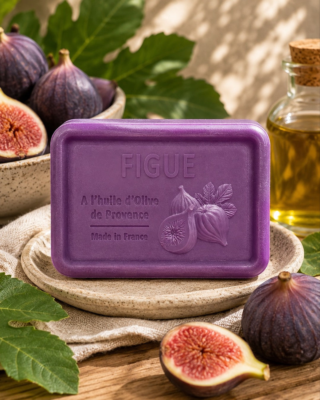 Savon à l’huile d’olive de Provence 120 g, au parfum de Figue, signé Esprit Provence et enrichi en huile d’amande douce ainsi qu’en beurre de karité bio. Dans son ambiance olfactive.