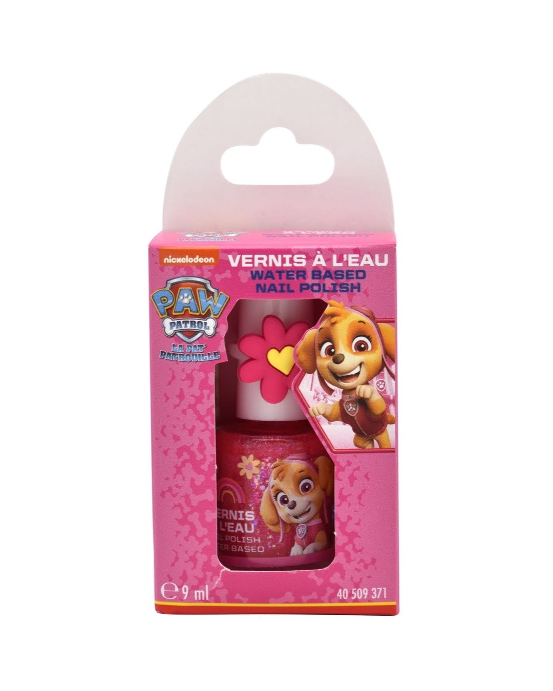 Boîte d'emballage rose du vernis à l'eau officiel La Pat' Patrouille de 9 ml avec le personnage de Stella. Le coffret en carton comprend un macaron « Formule Française / French Formula » et laisse voir à travers sa fenêtre transparente le flacon de vernis rose ainsi que la bague fleur ajustable en silicone.