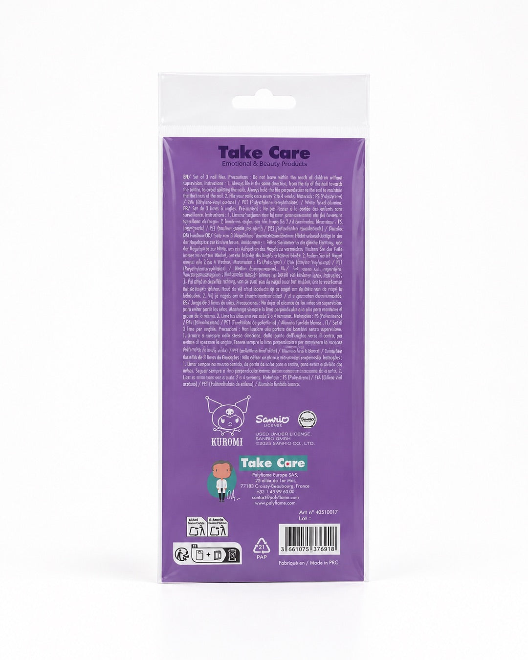 L'endos violet de l'ensemble de lime à ongles de Kuromi Sanrio de la marque Take Care et ses informations.