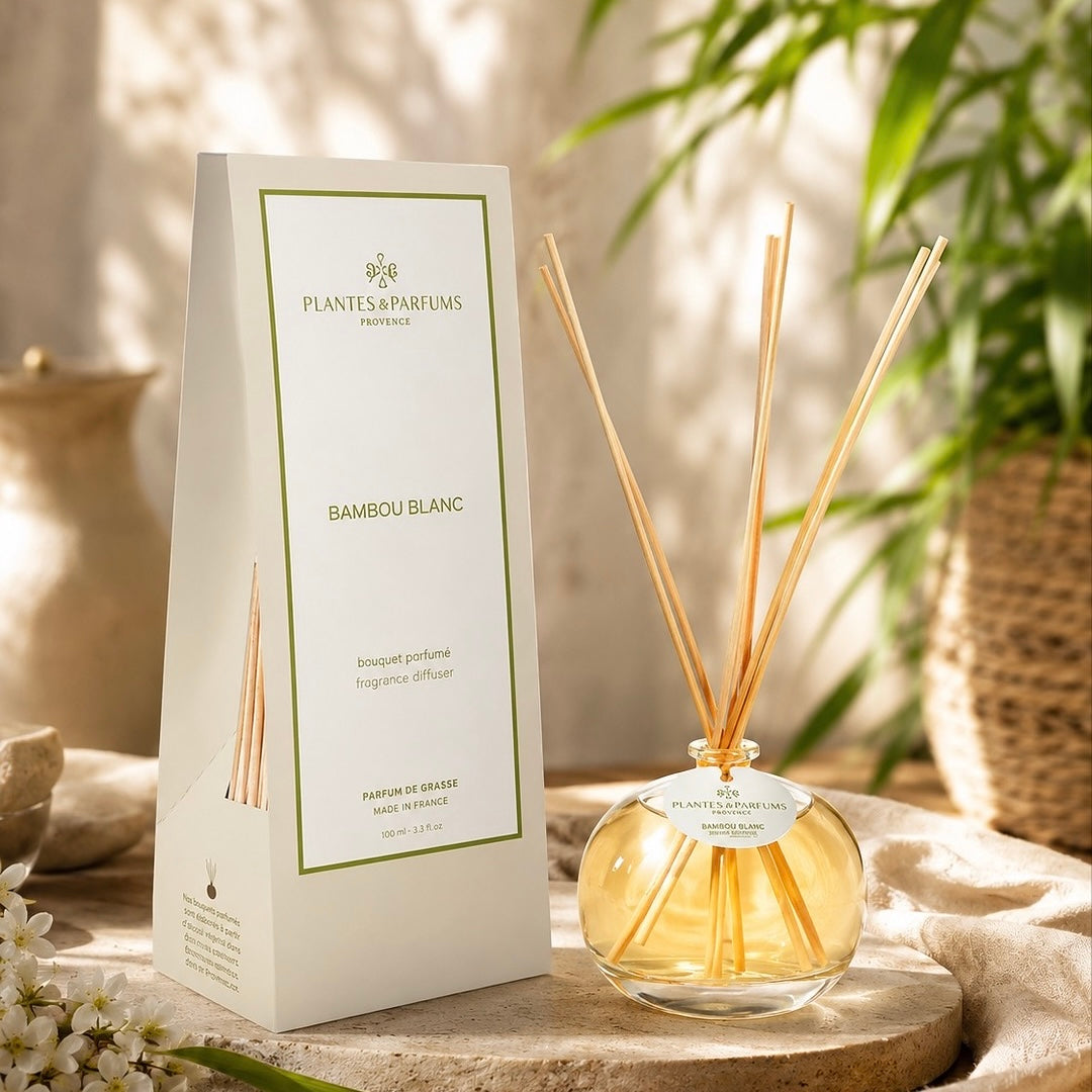 Diffuseur de parfum à tiges en verre avec son emballage élégant, placé sur un support en pierre texturée dans un décor lumineux et végétal.