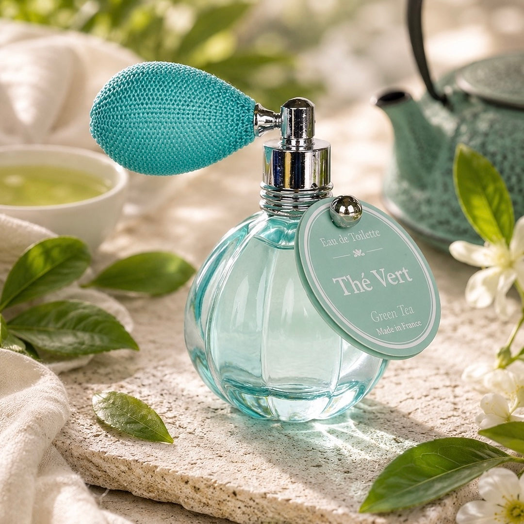 Flacon rond en verre bleu turquoise d'Eau de Toilette au Thé Vert, muni d'une pompe à poire rétro en tissu tressé, posé sur une pierre naturelle entourée de feuilles vertes et de fleurs blanches.
