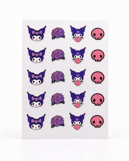 Planche de 20 patchs anti-imperfections hydrocolloïdes Kuromi Sanrio en forme de têtes de Kuromi, de roses violettes et de crânes roses.