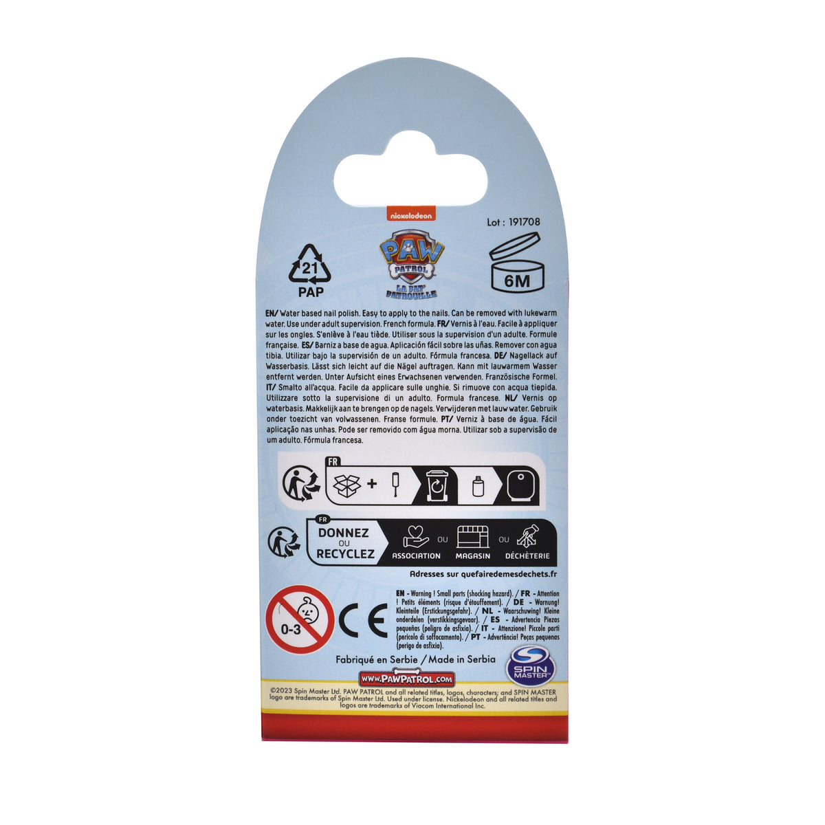 Vue arrière de l'emballage du vernis à l'eau La Pat' Patrouille. Le carton affiche le numéro de lot, le logo de recyclage, les instructions d'utilisation multilingues, les pictogrammes de sécurité, le marquage CE, l'avertissement d'interdiction aux enfants de moins de 3 ans et la mention officielle de licence Spin Master et Viacom.