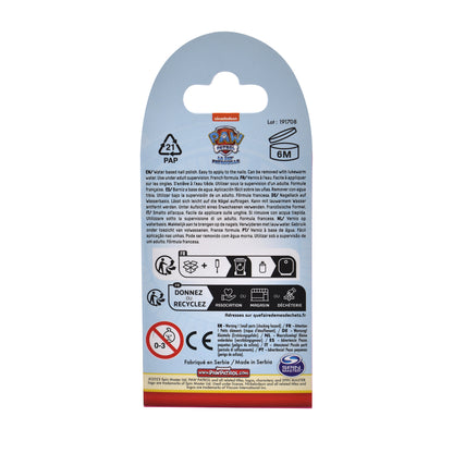 Vue arrière de l'emballage du vernis à l'eau La Pat' Patrouille. Le carton affiche le numéro de lot, le logo de recyclage, les instructions d'utilisation multilingues, les pictogrammes de sécurité, le marquage CE, l'avertissement d'interdiction aux enfants de moins de 3 ans et la mention officielle de licence Spin Master et Viacom.