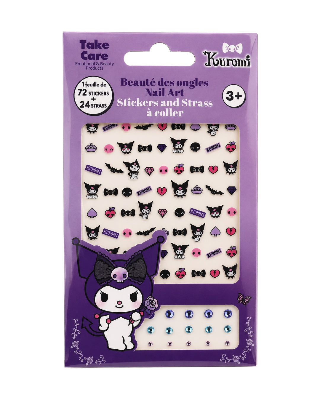 Ensemble de nail art Kuromi Sanrio de 72 autocollants et 24 strass à coller présenté de face dans son emballage cartonné Take Care.