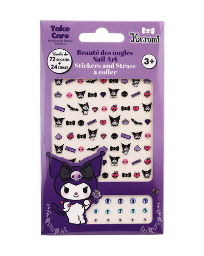 Ensemble de nail art Kuromi Sanrio de 72 autocollants et 24 strass à coller présenté de face dans son emballage cartonné Take Care.
