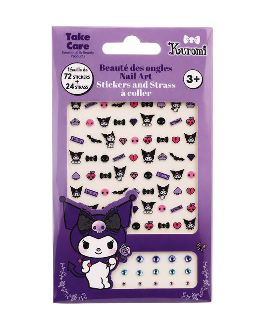 Ensemble de nail art Kuromi Sanrio de 72 autocollants et 24 strass à coller présenté de face dans son emballage cartonné Take Care.