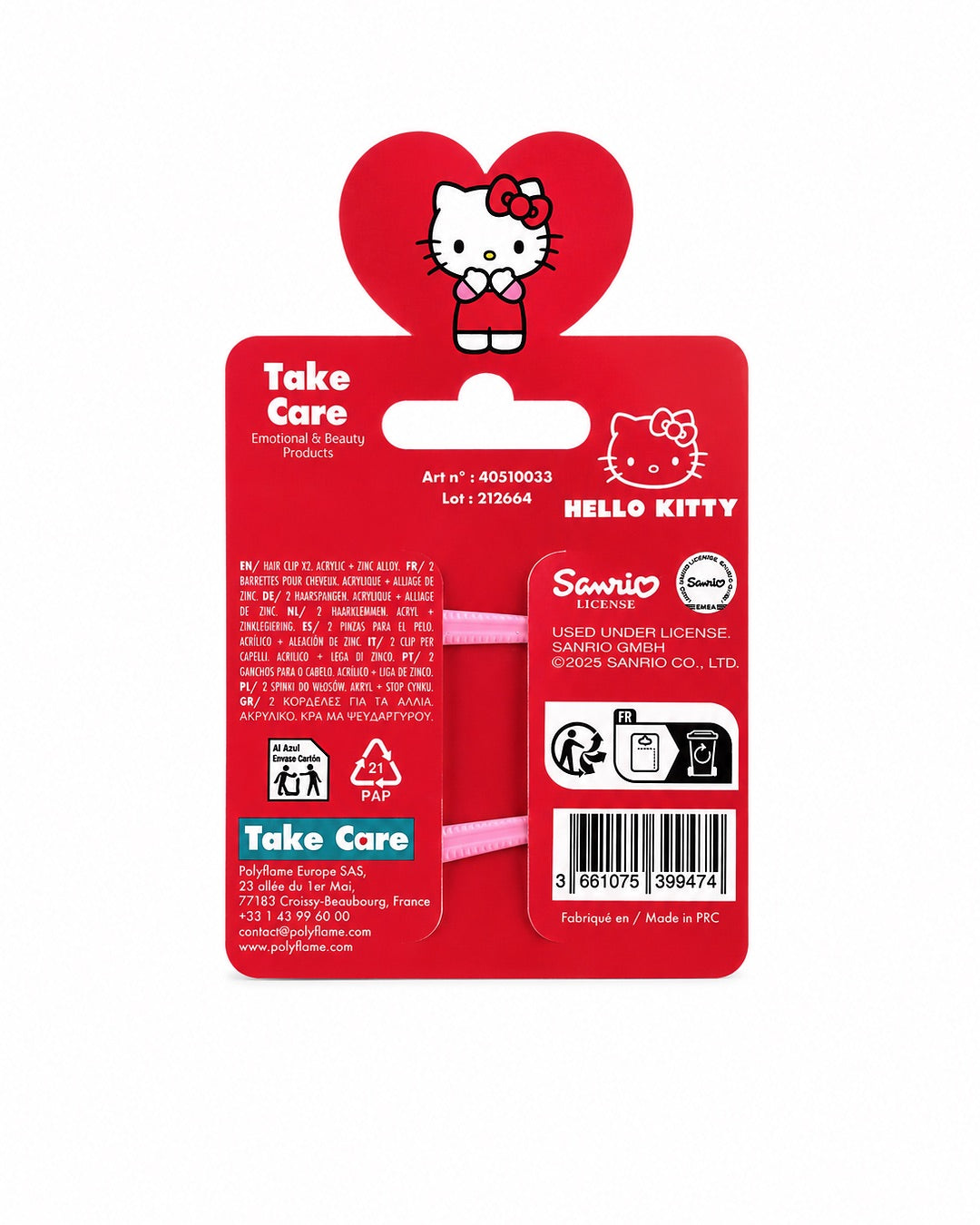 Vue arrière du carton d’emballage rouge de la licence Sanrio, affichant le code-barres, le numéro de lot et les consignes de recyclage.