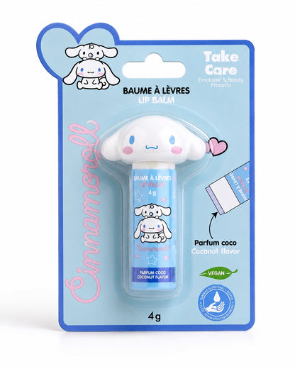 Baume à lèvres bleu de 4 g avec un bouchon en forme de tête 3D de Cinnamoroll présenté dans son emballage d'origine Take Care.