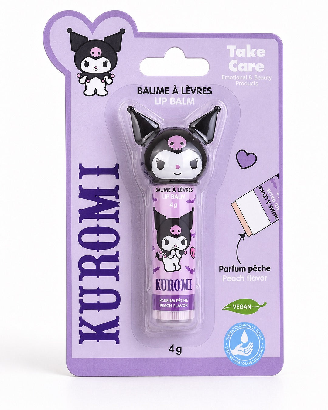 Baume à lèvres 3D Kuromi Sanrio parfum pêche présenté de face dans son emballage d'origine cartonné Take Care.