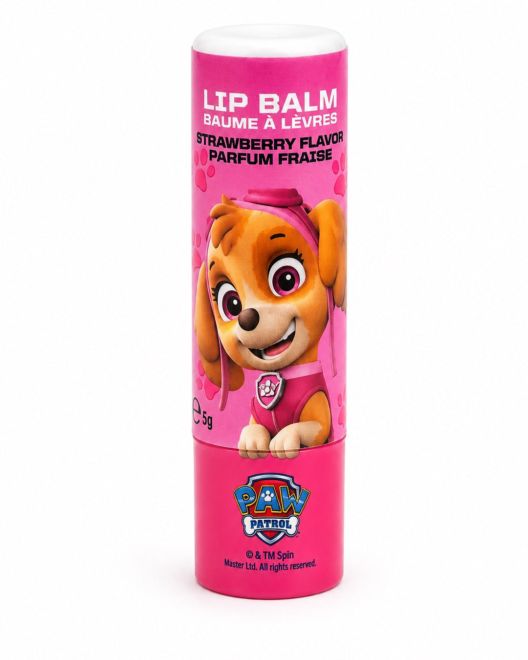 Tube de baume à lèvres officiel La Pat' Patrouille de 5 g représentant le personnage de Stella. Le stick rose affiche les mentions bilingues Lip Balm / Baume à lèvres, Strawberry Flavor / Parfum Fraise.