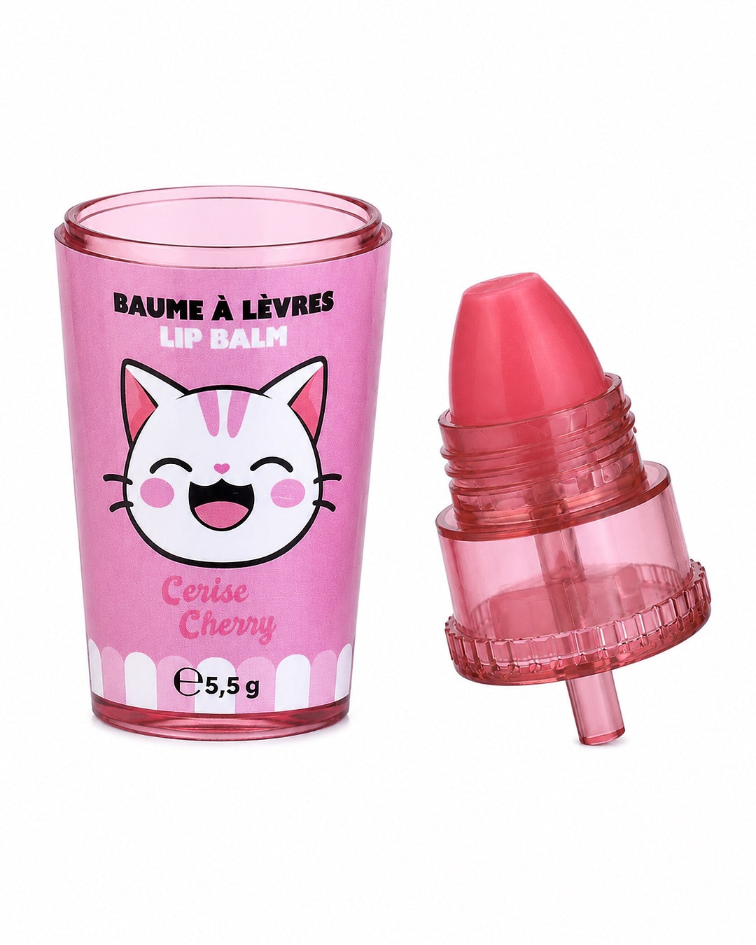 Le baume à lèvres à la cerise ouvert, dévoilant le bâton de soin arrondi rose posé à côté de sa base en forme de gobelet rose.