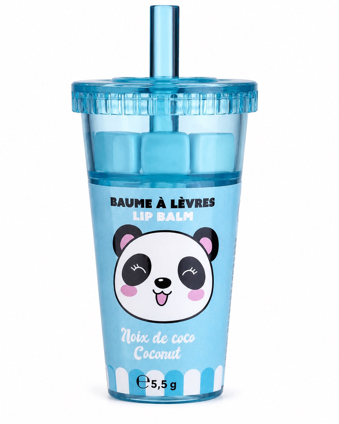 Vue de face du baume à lèvres pour enfant en forme de gobelet de thé aux perles bleu, à l'effigie d'un panda mignon, parfum noix de coco.