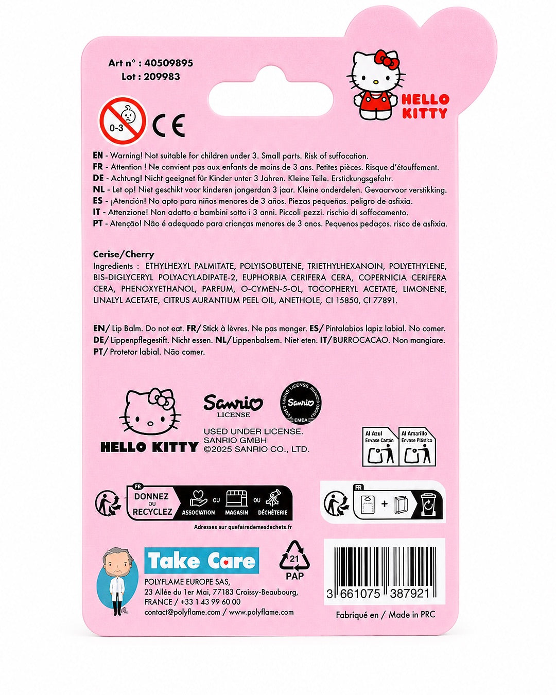 Vue arrière du carton d’emballage rose affichant la liste des ingrédients, le code-barres, les consignes de recyclage et les logos officiels de la licence Sanrio.