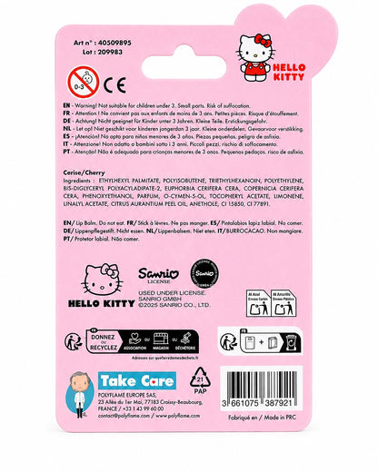 Vue arrière du carton d’emballage rose affichant la liste des ingrédients, le code-barres, les consignes de recyclage et les logos officiels de la licence Sanrio.