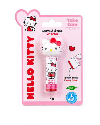 Baume à lèvres Hello Kitty à la cerise présenté de face sur sa carte d’emballage d’origine rose et blanche de la marque Take Care.