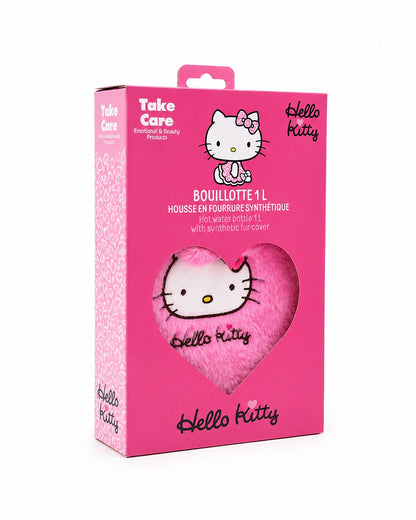 Vue de biais de la boîte d’emballage rose avec une fenêtre en forme de cœur laissant apercevoir la bouillotte de 1 litre Hello Kitty.