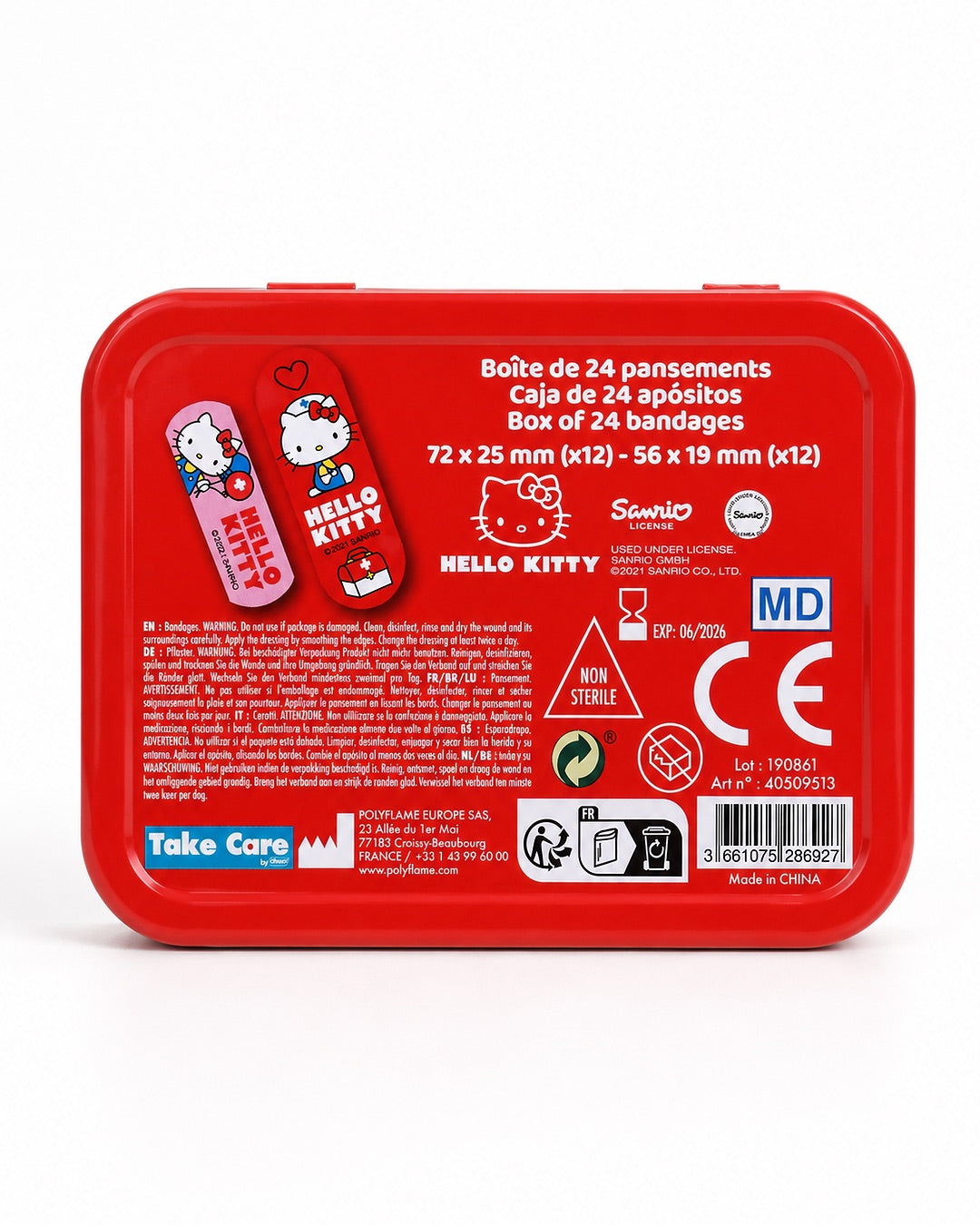 Vue arrière de la boîte de pansements rouge détaillant le nombre d’unités par taille, le marquage CE et les consignes d’utilisation.