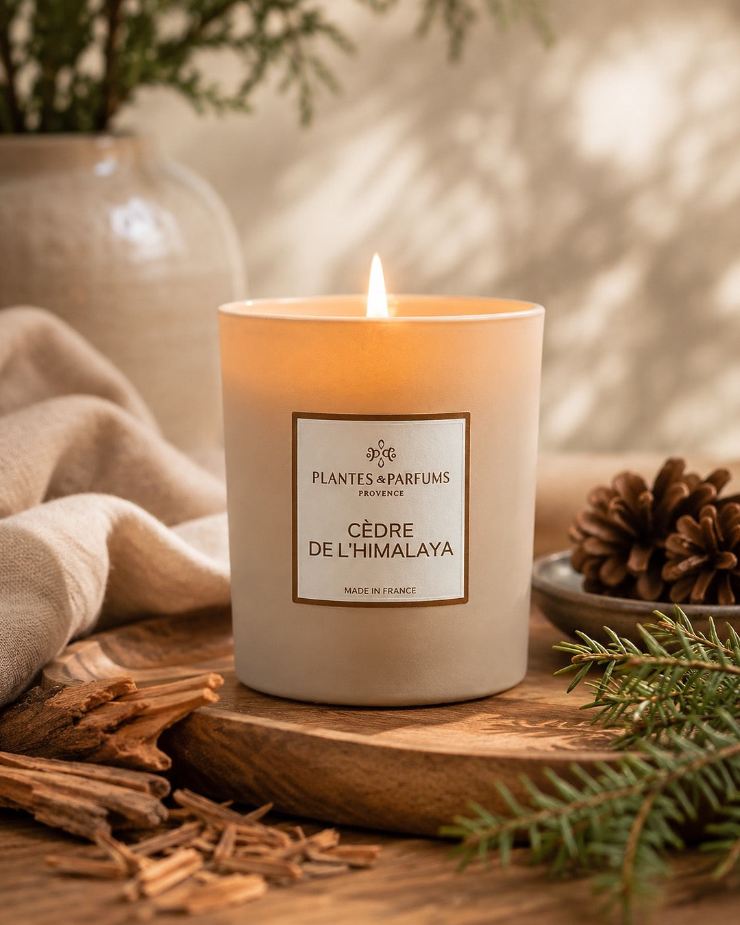 Bougie parfumée 180 g, fragrance Cèdre de l'Himalaya de Plantes & Parfums à la cire de soja dans un contenant en verre beige mat, ambiance boisée.