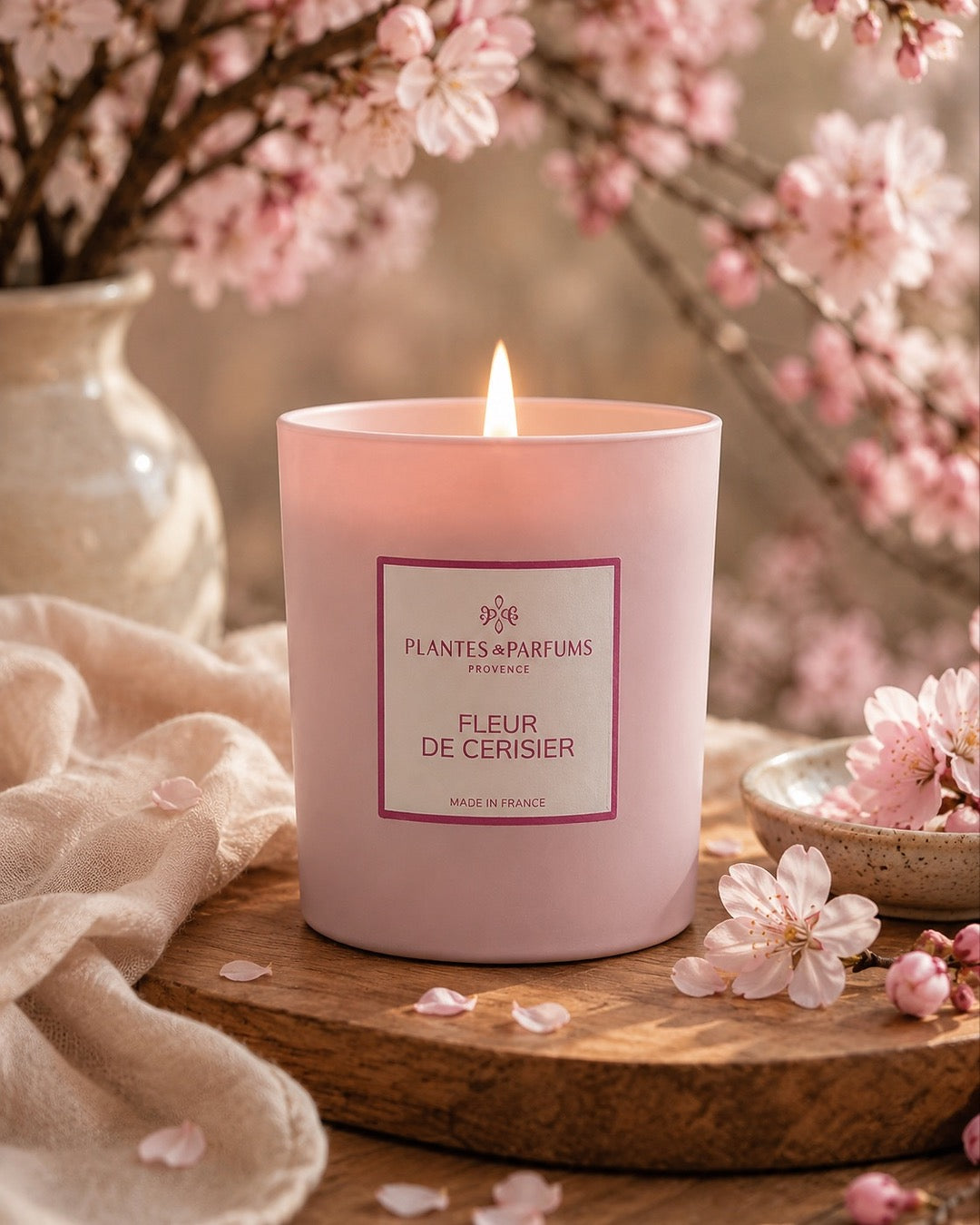 Bougie parfumée 180 g, fragrance Fleur de cerisier de Plantes & Parfums à la cire de soja dans un contenant en verre rose mat, ambiance florale.