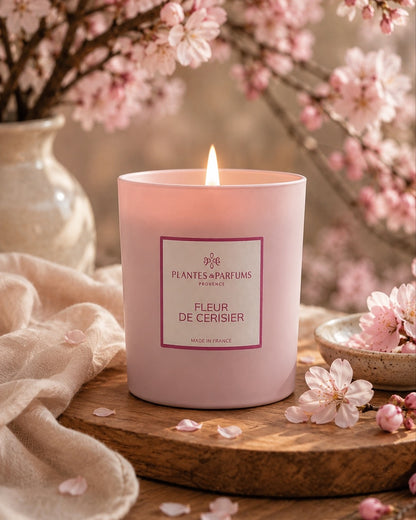 Bougie parfumée 180 g, fragrance Fleur de cerisier de Plantes & Parfums à la cire de soja dans un contenant en verre rose mat, ambiance florale.