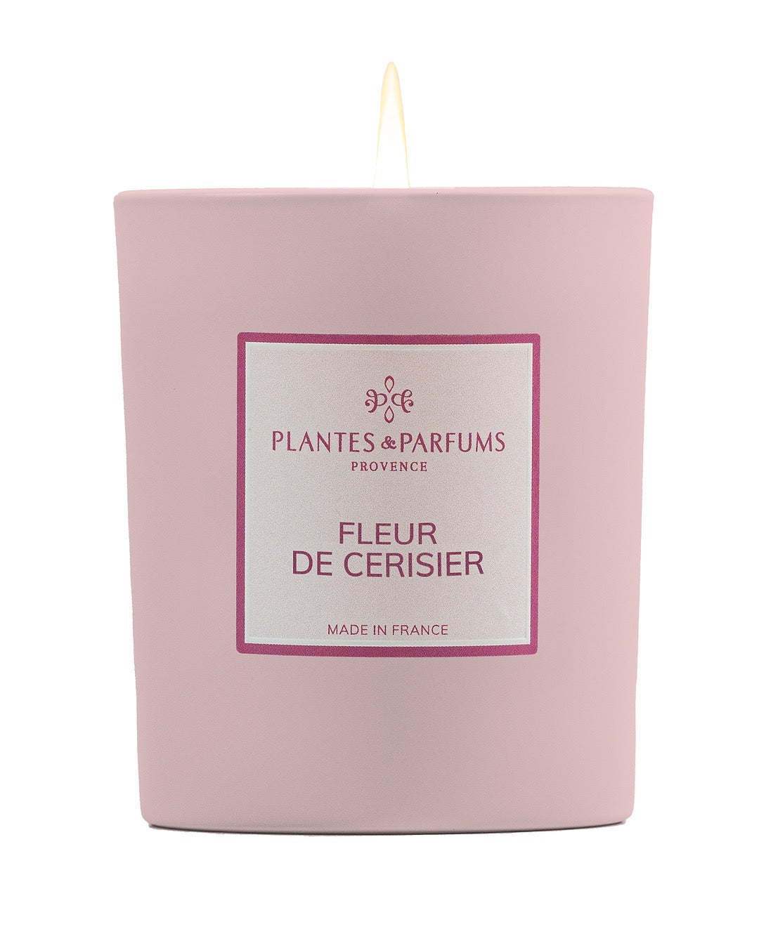 Bougie parfumée 180 g, fragrance Fleur de cerisier de Plantes & Parfums à la cire de soja dans un contenant en verre rose mat.