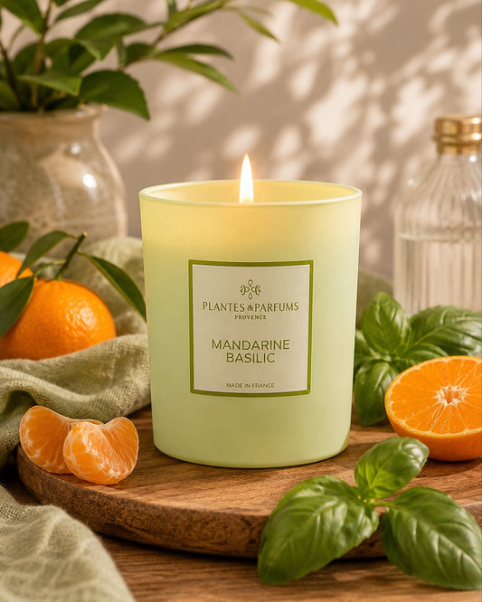 Bougie parfumée 180 g, fragrance Mandarine Basilic de Plantes & Parfums à la cire de soja dans un contenant en verre vert mat, ambiance frais.