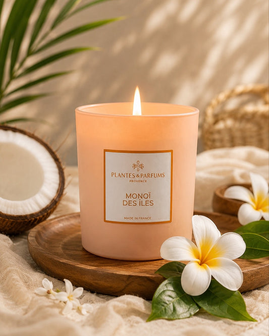 Bougie parfumée 180 g, fragrance Monoï des îles de Plantes & Parfums à la cire de soja dans un contenant en verre orange mat, ambiance tropicale.