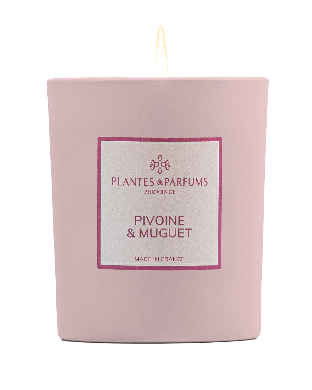 Bougie parfumée 180 g, fragrance Pivoine & Muguet de Plantes & Parfums à la cire de soja dans un contenant en verre rose mat.
