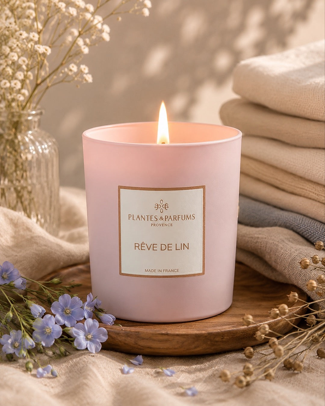 Bougie parfumée 180 g, fragrance Rêve de lin de Plantes & Parfums à la cire de soja dans un contenant en verre rose mat, ambiance poudrée.
